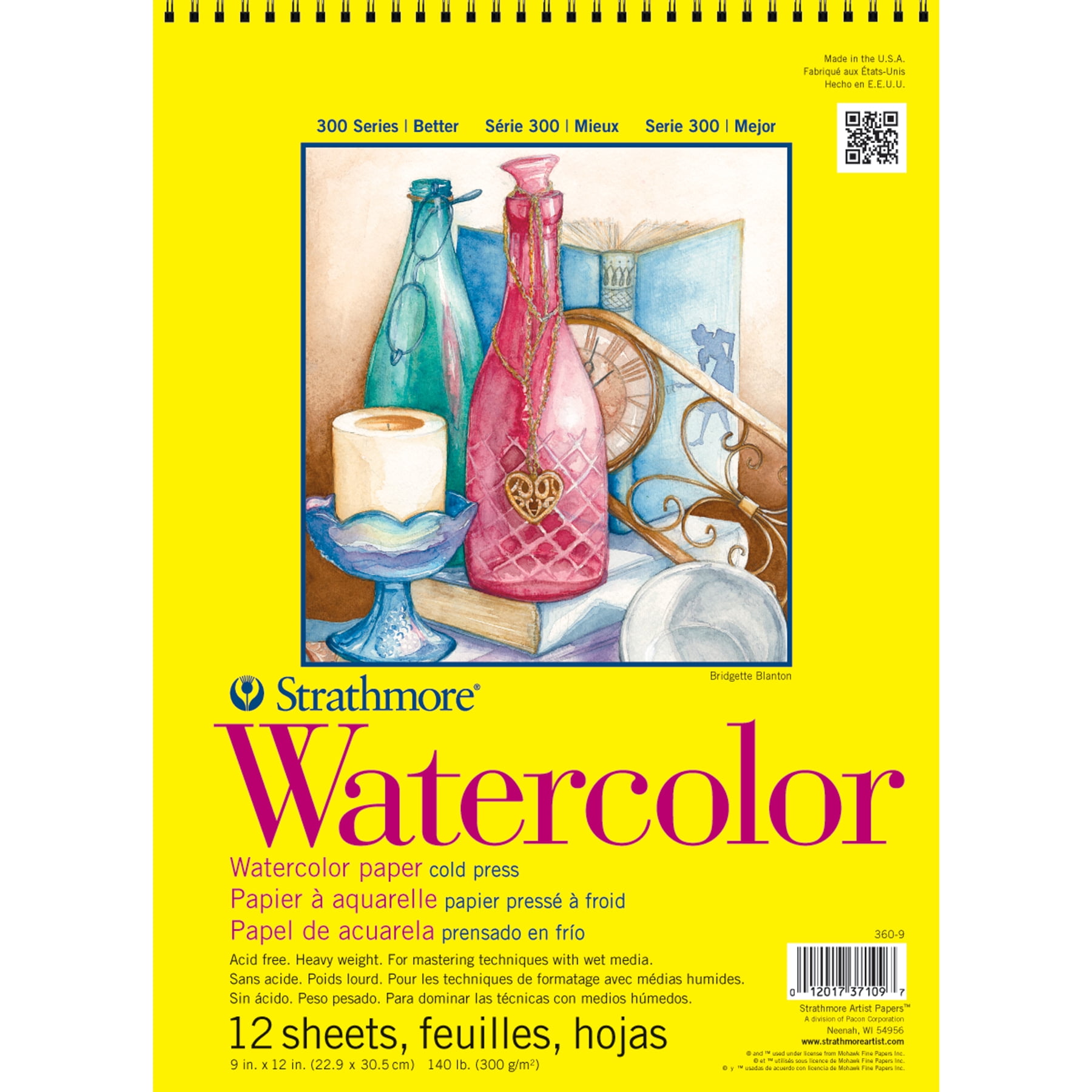 Strathmore 300 Series Watercolor Pad, Cold Pressed, Top Wire Binding, 12 Sheet, 9x12 inch, Pack of 3