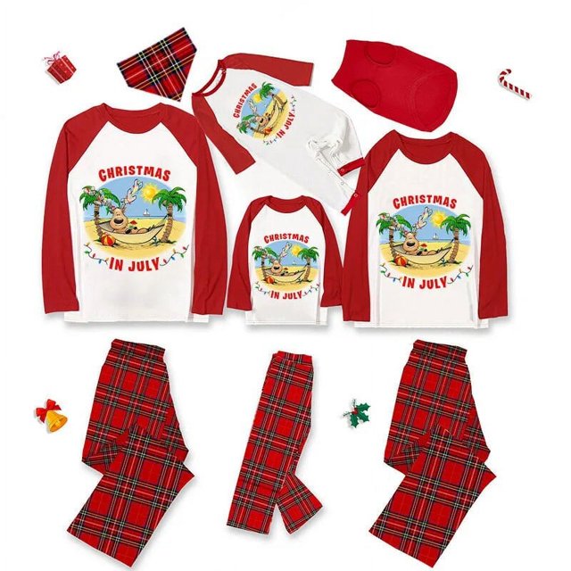 Pijamas familiares navideños a juego, conjuntos de pijamas a cuadros blancos y negros de ciervo, Navidad en julio