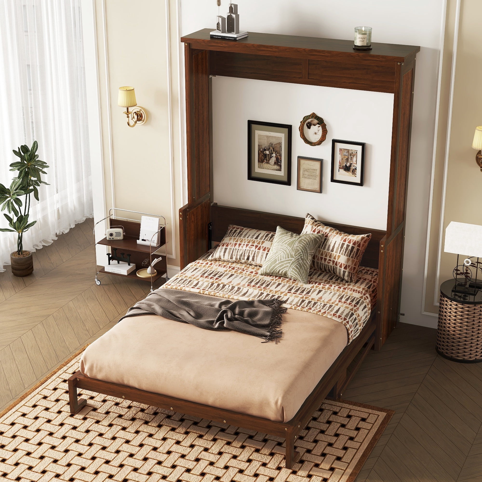 Mintazer Queen Size Murphy Bed with Shelf, Foldable Wall Cabinet Bed for Living Room Bedroom Apartment, Walnut