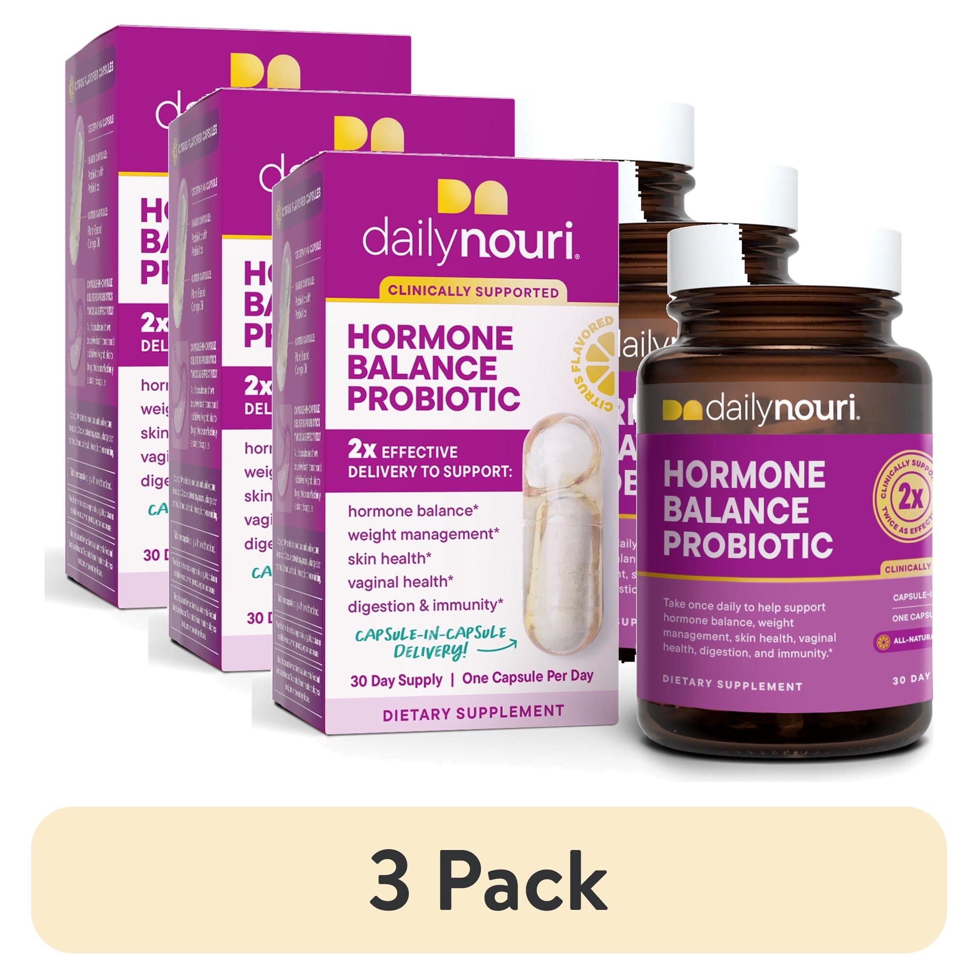 (3 pack) Daily Nouri Hormone Balance Probiotics for Women | Hormone Balance for Women | PMS, Hormonal Acne, & Bloating Support | 7 Clinically Studied Strains + Omega | 30-Day Supply