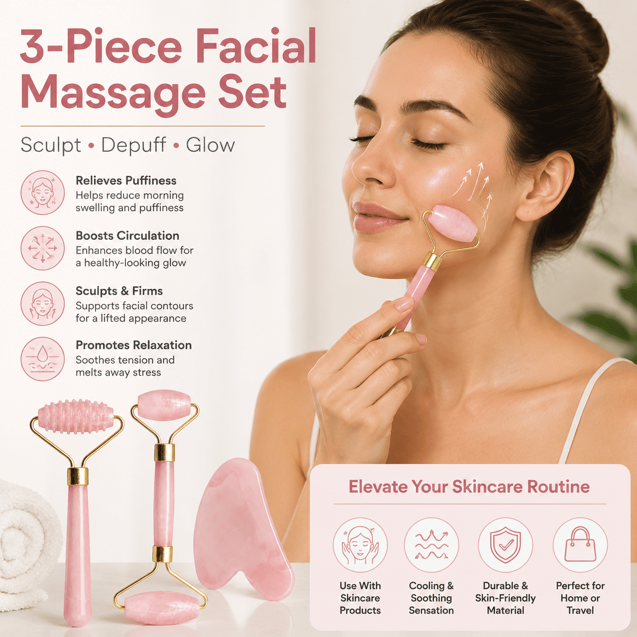 3-piece set of plastic imitation jade spiky roller gua sha board, imitation pink crystal heart-shaped gua sha board, facial massager