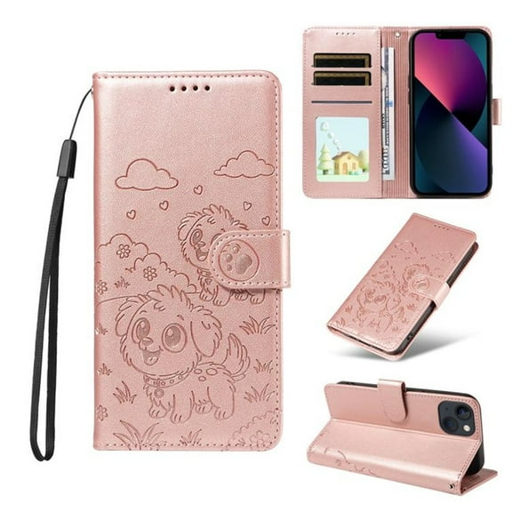 For iPhone 14 Litter Dog Embossing Leather Phone Case with RFID Blocking Card Slot Wallet Magnetic Clasp Lanyard Flip Stand Case,Pink,For iPhone 14