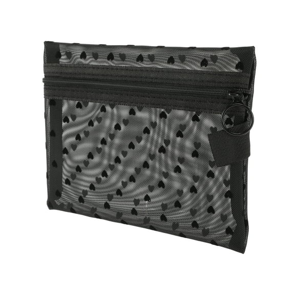 Unique Bargains 1 Pc Women Medium Heart Mesh Cosmetic Bag for Outdoor Activities Travel Black Nylon