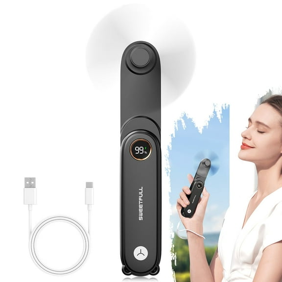 SWEETFULL Portable Handheld Mini Fan with LED Display, 3-in-1 Personal Foldable USB Rechargeable Hand Held Fan & Flashlight for Travel, Lash Eyelash, Cute Small Pocket for Women, Girls
