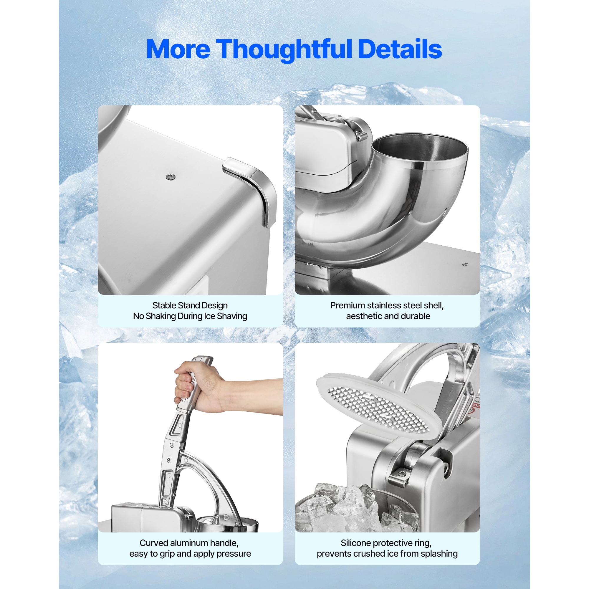 KFFKFF Commercial Ice Shaver Machine, 661 LBS/H Electric Ice Crusher with Detachable Container, 350W Motor, 4 Blades, Shaved Ice Maker for Desserts, Bars, and Parties, Silver