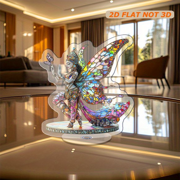 Rotating acrylic pendant featuring Laxmi and a colorful butterfly fairy adorned with intricate stained glass patterns and rich details