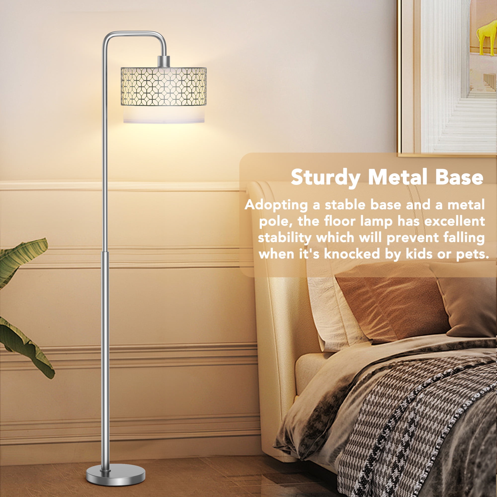 Metal Modern Standing Lamp, Silver Floor Lamp for Living Room Bedroom, Study Room, Office