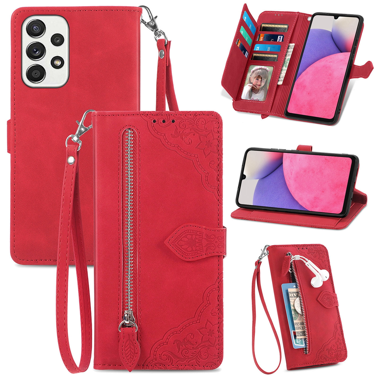 TECH CIRCLE Samsung Galaxy A54 Wallet Case,Embossed Flower PU Leather Folio Flip Protective Zipper Cover with Wrist Strap RFID Blocking Card Holder Kickstand Case for Galaxy A54 5G 6.5" 2023, Red