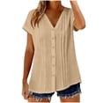 thumbnail image 6 of WQNVRNR Womens Button Down Shirts- Tunic Tops Casual Pleated Short Sleeve Summer Blouse Khaki Size 2XL, 6 of 8