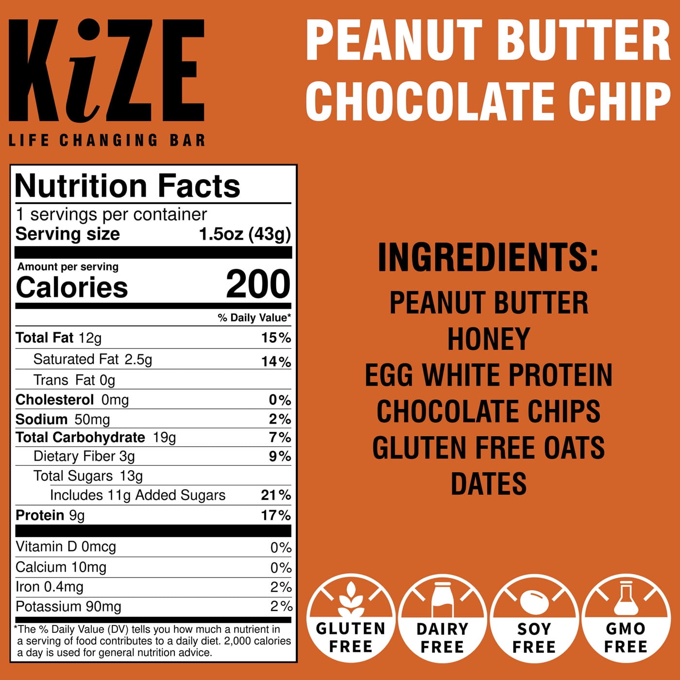 KiZE Life Changing Bar, Peanut Butter Chocolate Chip, 6 ingredients, Dairy Free, Gluten Free, 1.5oz Bar (10 count)