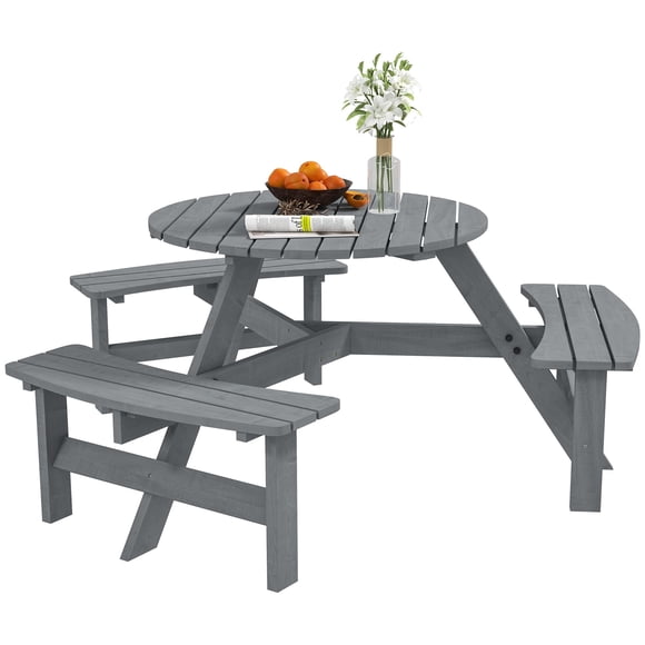 Ensemble de Table de Pique-Nique Rond pour 6 Personnes avec 3 Bancs Intégrés, Ensemble de Salle à Manger de Patio en Bois de Sapin Massif avec Trou pour Parasol pour Jardin, Cour Arrière, Terrasse et Patio, Gris, Φ70.1 Pouces x 27.6 Pouces H
