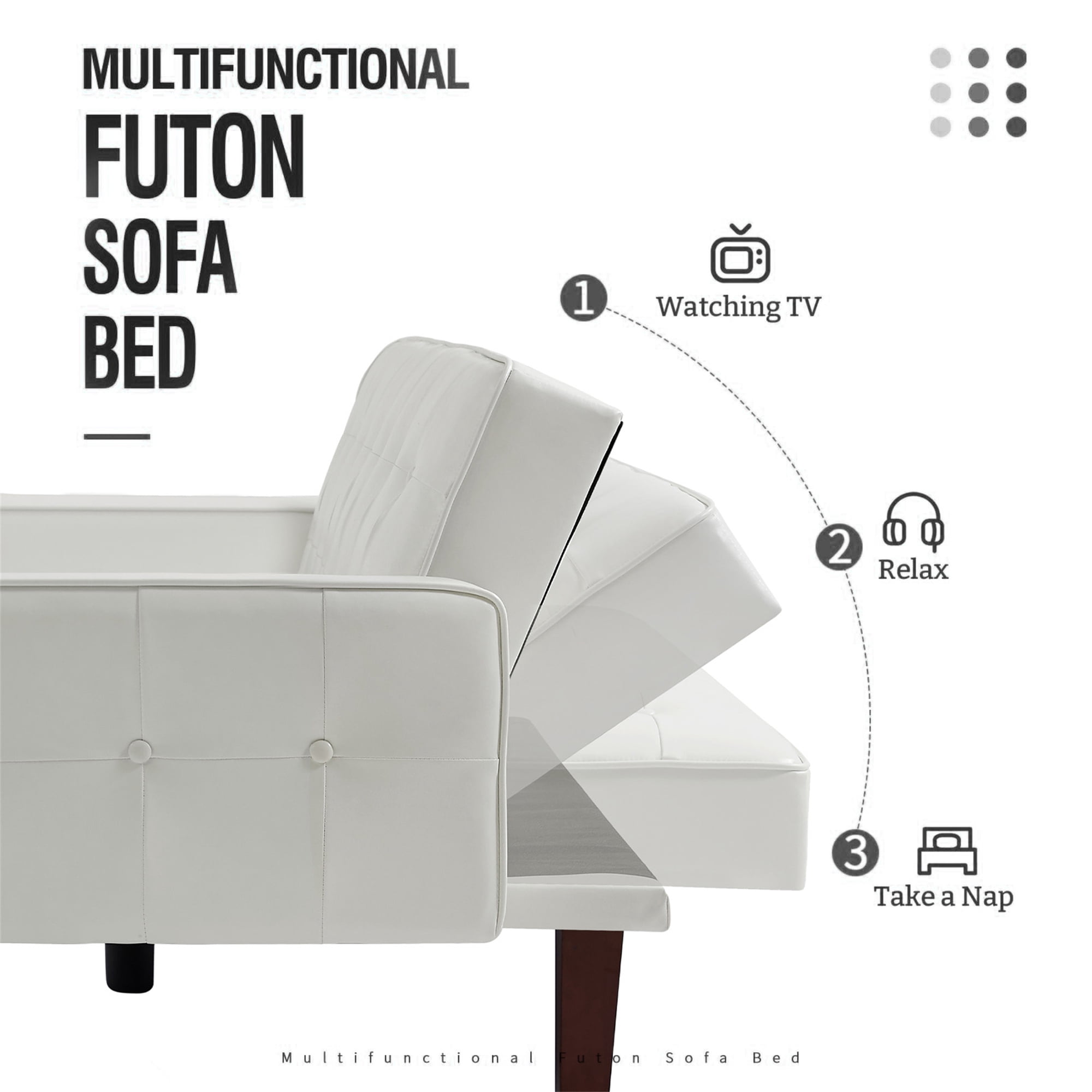 Aukfa 75" Button-Tufted Futon Convertible Sofa Bed for Home Office, Leather, White