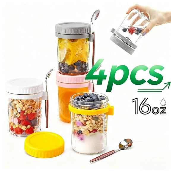4 Pack Overnight Oat Containers with Lids & Spoons, 16 oz Glass Mason Jars, Airtight Leak-Proof Overnight Oats Jars for Milk, Cereal, Fruit