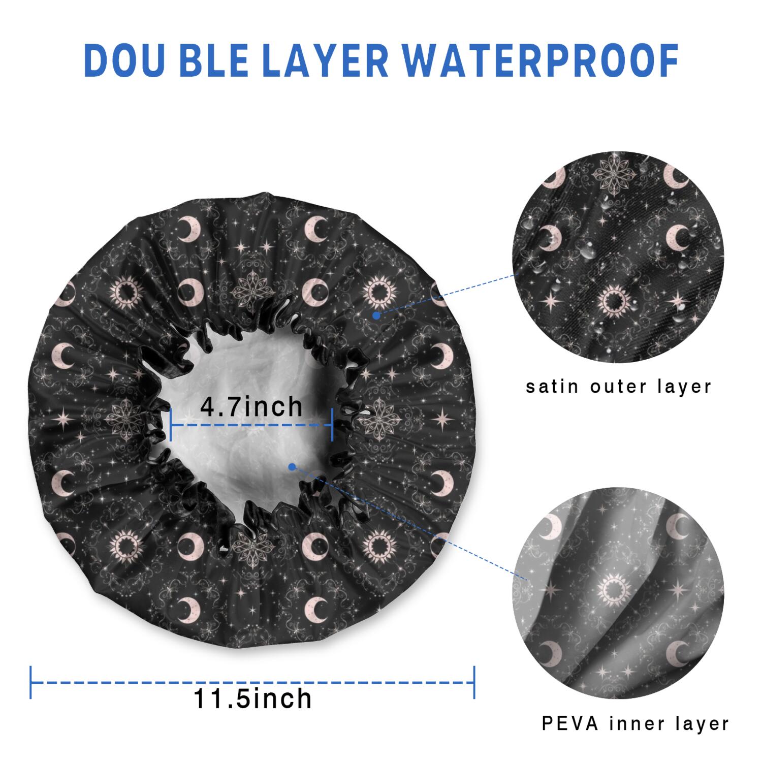 Shower Caps,Black Moon Star Pattern Waterproof Shower Cap for Women 4 Pieces,Double Reusable Hair Cover for Shower PEVA Elastic Stretch Hem