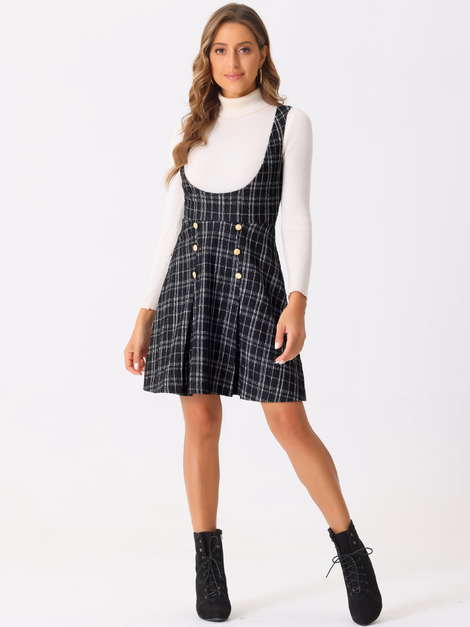 DARING DIVA Women's Pinafore U Neck Tweed Plaid Dress with Button Decor M Black