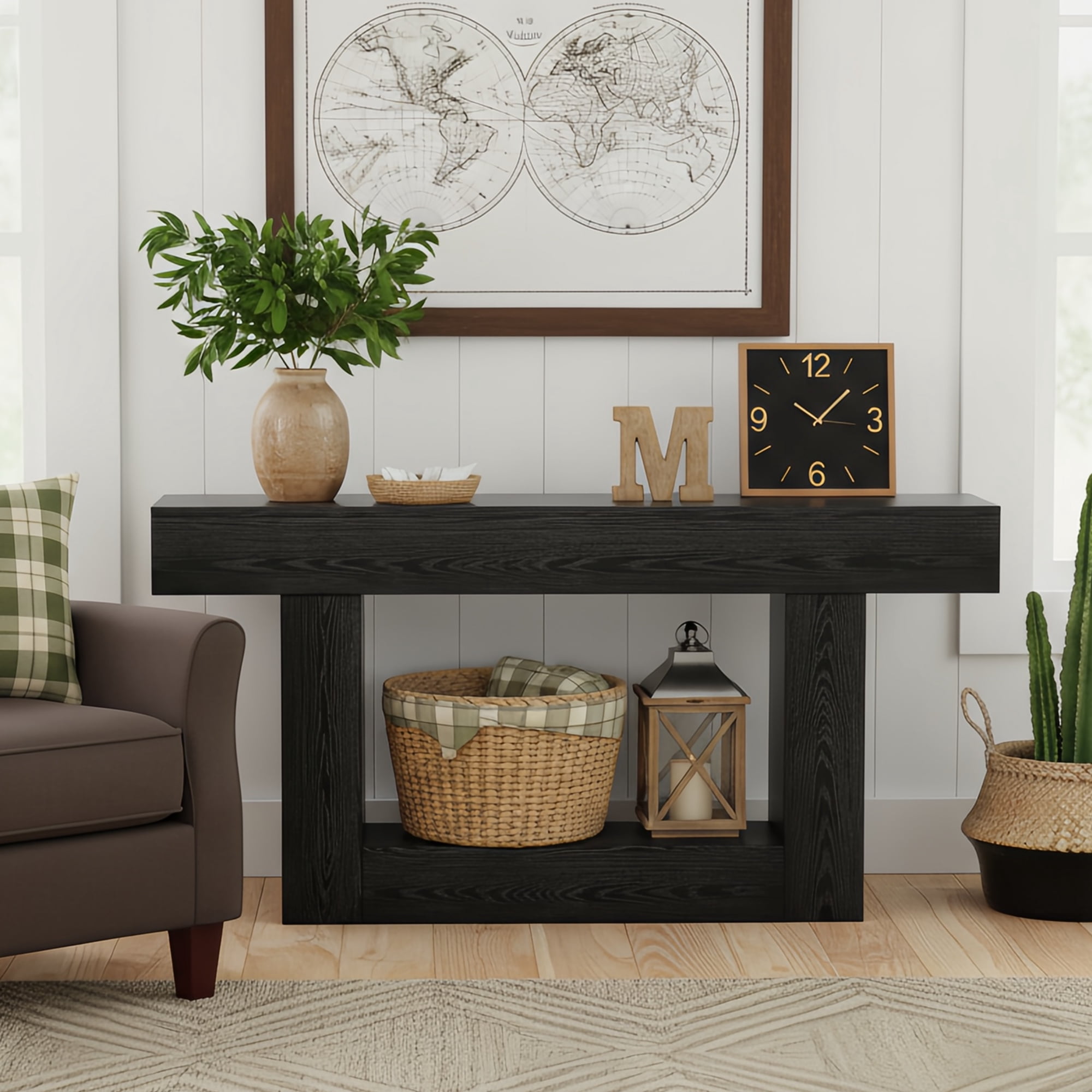 63" Farmhouse 2-Tier Console Table, U-Shaped Base Entryway Table, Narrow Wood Sofa Table Behind Couch for Living Room & Hallway (Black)