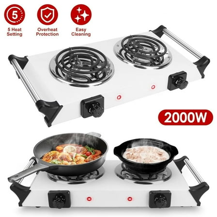 DICEEVIL Electric Double Burner, 2000W Portable Electric Stove Countertop Double Burner, Hot Plate with Handles & Adjustable Temperature, Cooktop for Cooking, Home, Camp, White