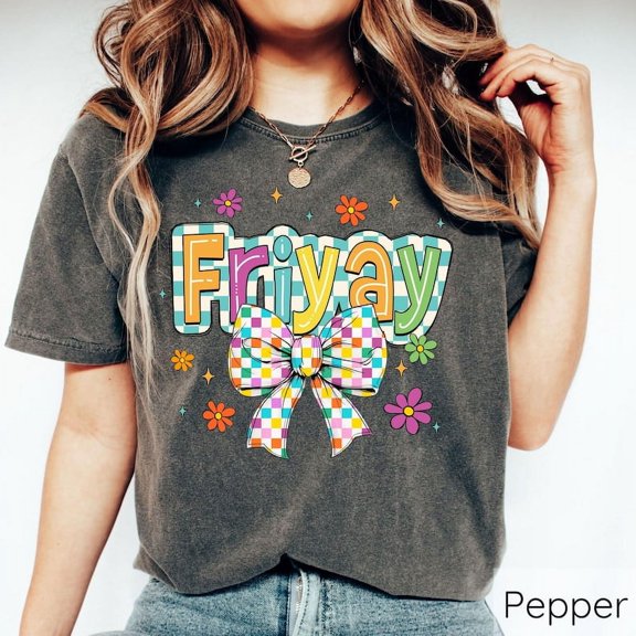 Coquette Friyay Teacher T-Shirt, Retro Checkered Tee for Women, Funny Teacher Gift, Friday School Staff Shirt