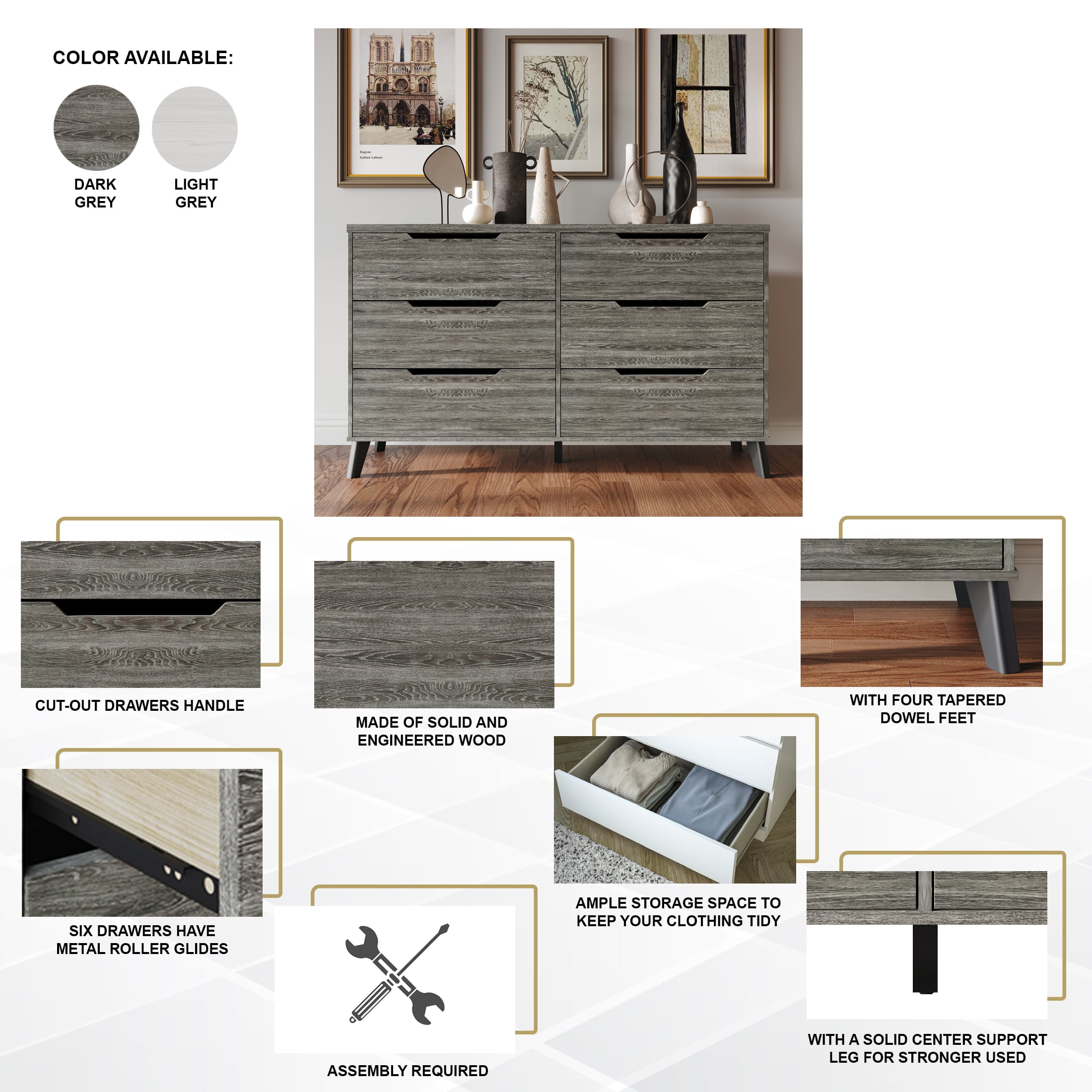 Castle Place Modern 6-Drawers Wooden Dresser, Light Grey