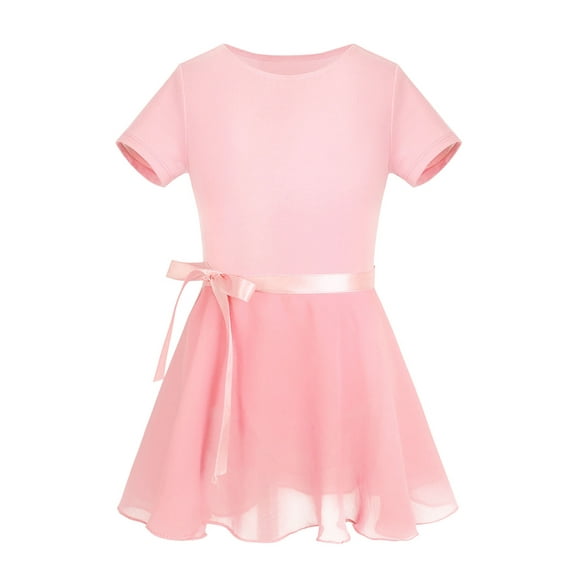 Alvivi Girls Team Basic Short Sleeve Gymnastic Leotard with Chiffon Wrap Skirt Ballet Dance Dress Ballroom Dancing Outfit Orange Pink 8-10