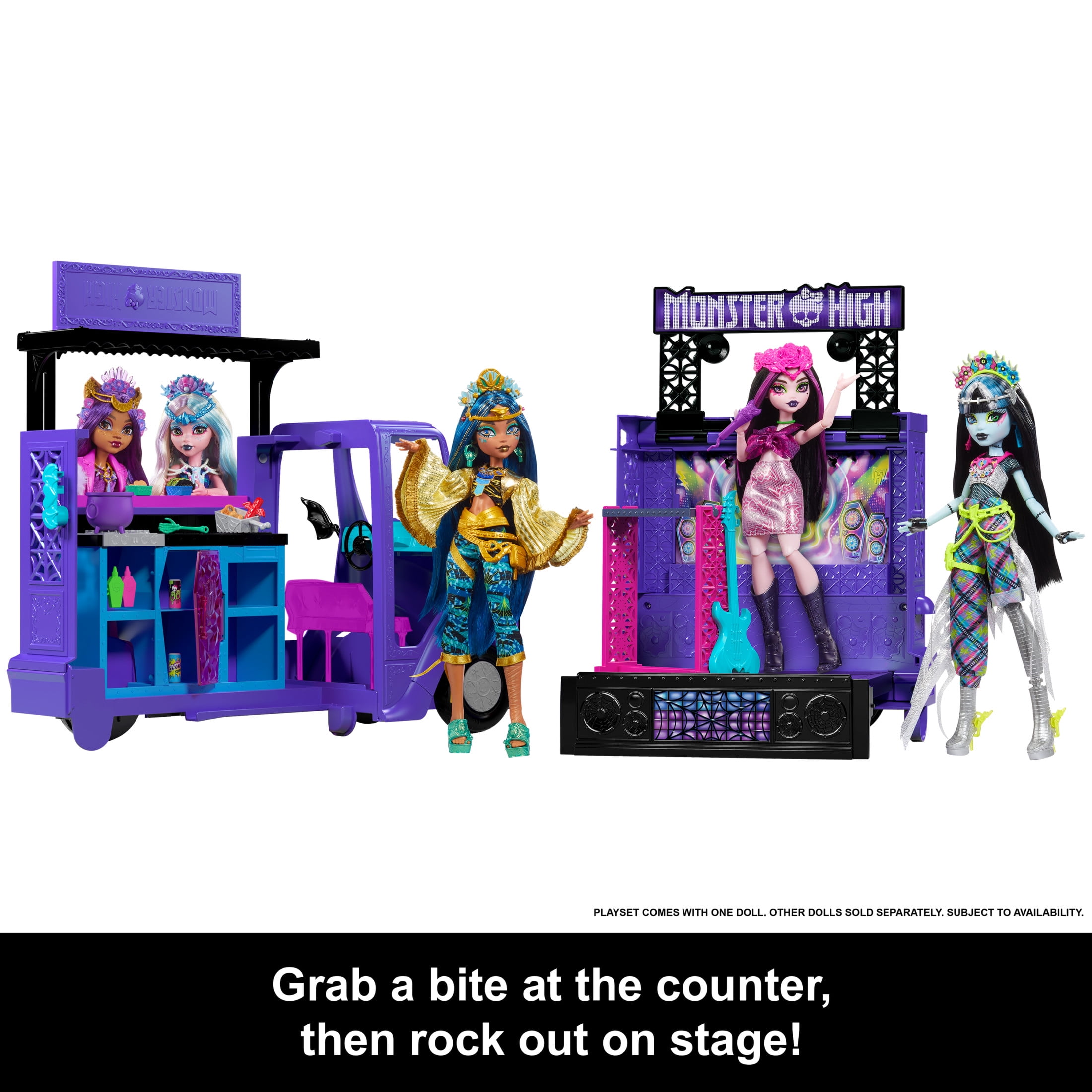 Monster High Draculaura Doll and Fangtastic Rockin’ Food Truck Playset with 13+ Themed Accessories