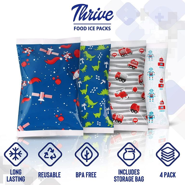 Thrive 4 Pack Small Reusable Ice Packs for Lunch Box or Cooler, Long Lasting, BPA Free, Robot, Space, Dinosaur Prints