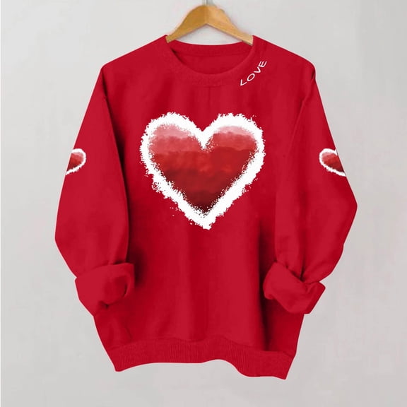 Pxxlle Valentines Day Tops for Women Love Heart Graphic Sweatshirts Oversized Crewneck Long Sleeve Pullover Sweatshirt for Holiday Red L