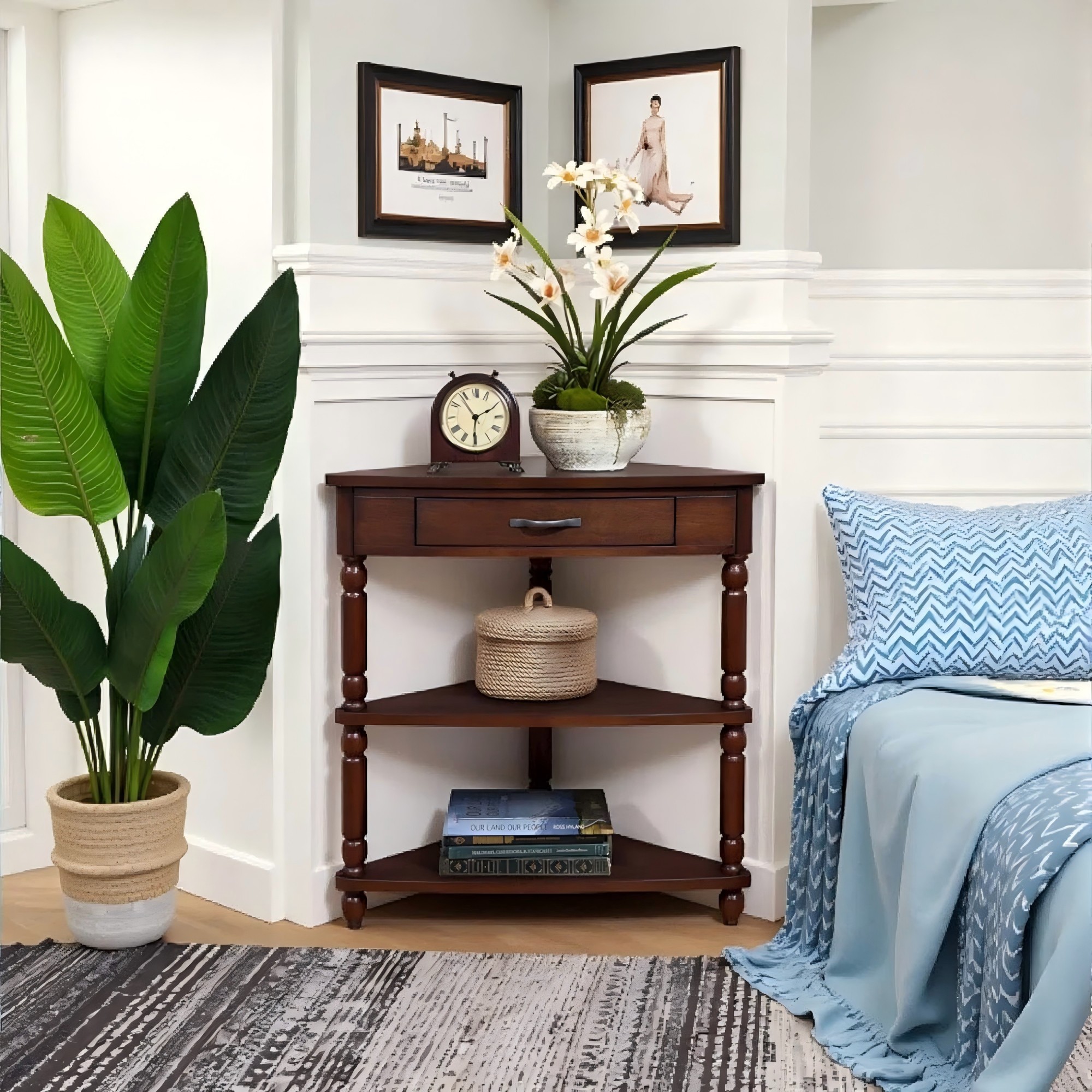 Aukfa 3 Tier Corner Table with Drawer, Triangle End Table for Entryways, Hallways, and Small Spaces, Dark Brown