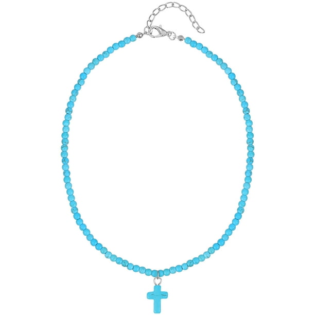BRIGHTFUFU Collar con colgante de cruz cristiana de moda collar de gargantilla de turquesa para mujeres niñas