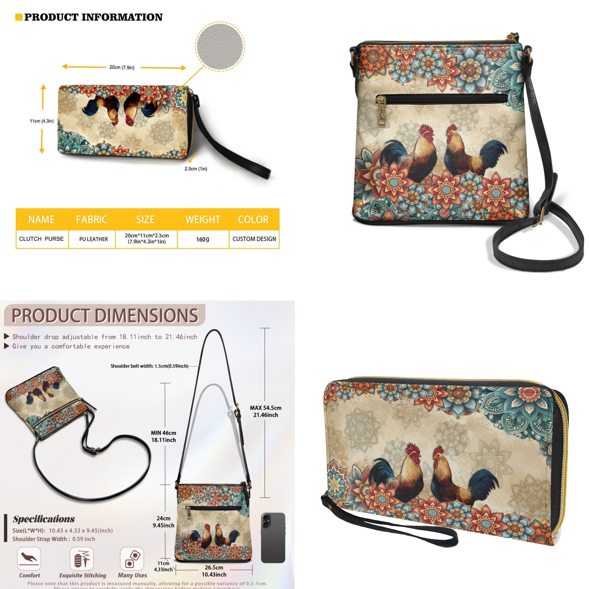 ZUXONGSY Boho Mandala Rooster Print Crossbody Bags Ladies Shoulder Handbags Purse and Wallet Set Leather Hobo Bag with Wallet Multi Pockets Satchel Purse with Adjustable Strap