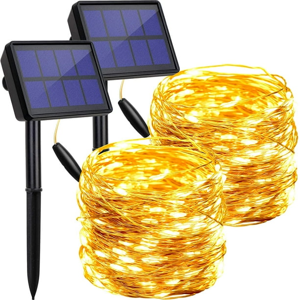 Guirnalda de luces solares para exteriores, resistente al agua, paquete de 2, 72 pies, 200 luces LED solares de hadas, luces decorativas de alambre de cobre, 8 modos para patio, árbol, Navidad, boda, decoración (blanco cálido) Ormromra WRMH-404