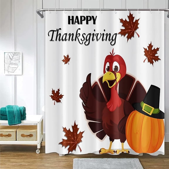Happy Thanksgiving Shower Curtain Turkey And Pumpkin Autumn Maple Leaves Fabric Bathroom Decor 71x71 inches