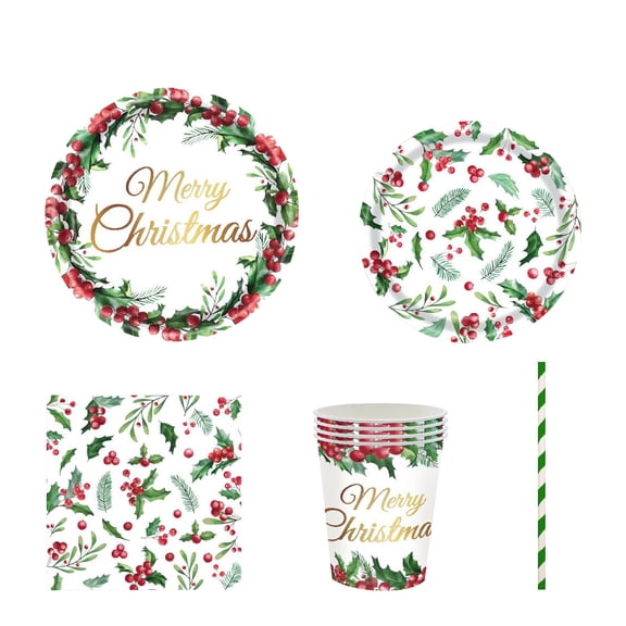 Christmas Party Tableware Supplies Set for 25 Holly Seasonal Disposable Plates, Cups, Straws, Luncheon & Beverage Napkins, Holiday Dinner & Dessert Serving Supplies, Festive Xmas Party Decorations