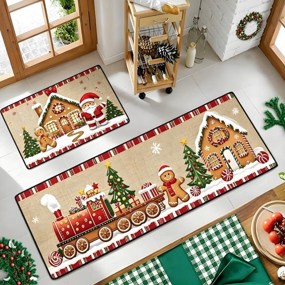 Christmas Kitchen Mat Set 2 Pcs Xmas Indoor Floor Mats Washable Quick Dry Home Decor Rug for Bathroom Hallway Santa Gnome Truck Snowflake Plaid