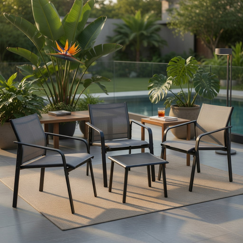 Hommoo 4-Piece Modern Outdoor Patio Furniture Set, Steel Frame with Tempered Glass Table, Loveseat & 2 Armchairs for Deck, Balcony or Backyard, Gray