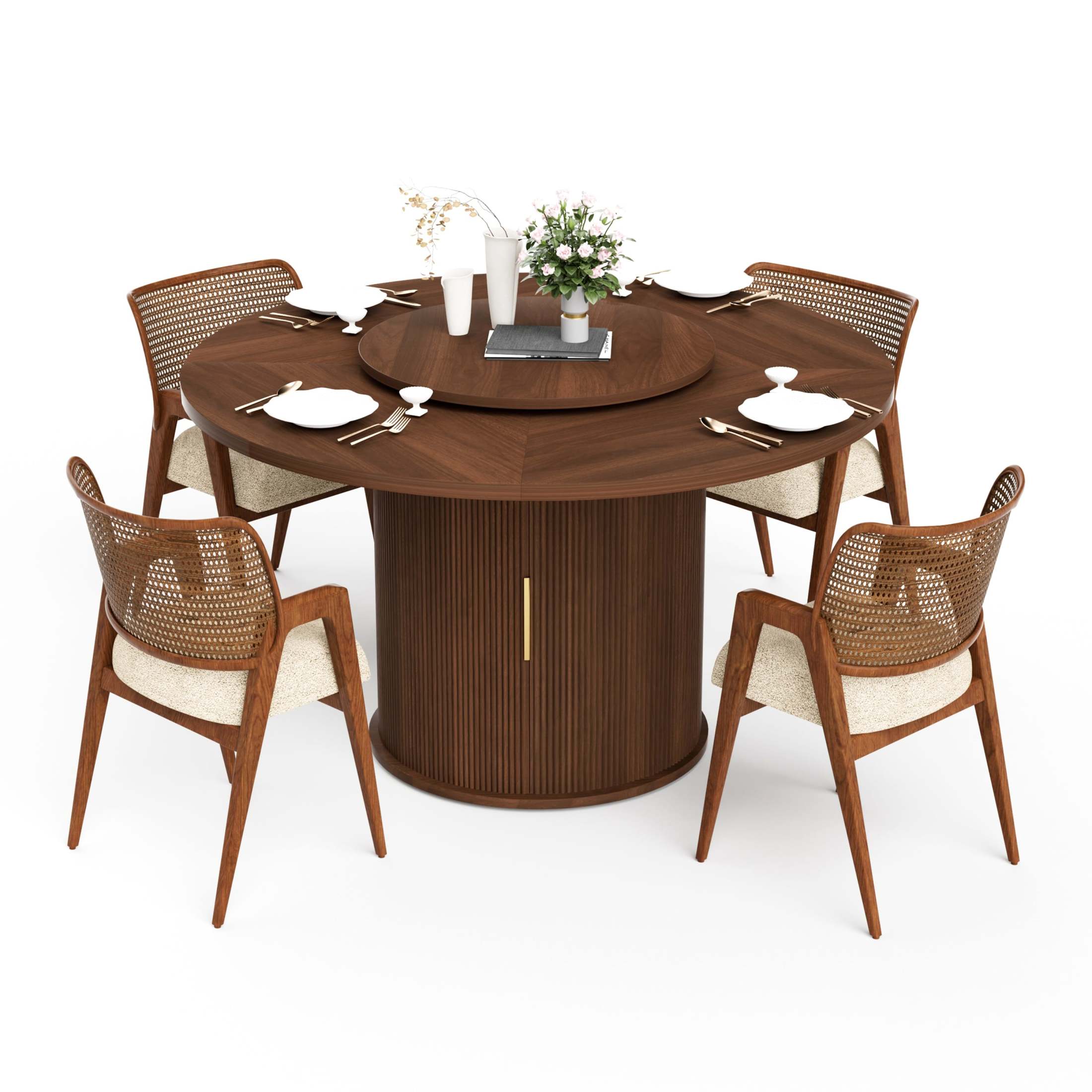 Noble House 55" Round Dining Table for 6, Double-Tier Storage, Rotating Tray, Wavy Sliding Doors, Walnut
