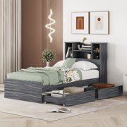 Euroco Wood Twin Size Platform Bed with 2 Drawers for Kids, Storage Shelf and LED Light Headboard, Gray