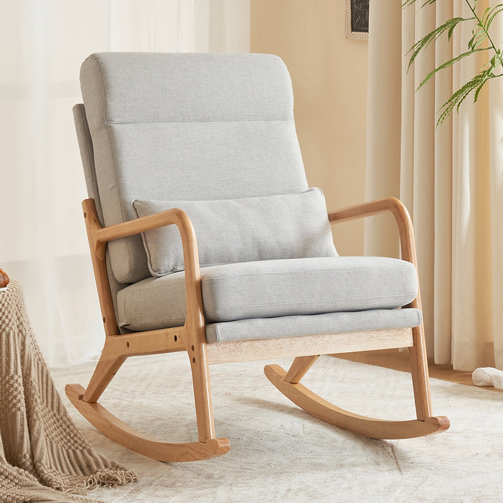 UWR-Nite Rocking Chair Nursery, 25.2" High Backrest Mid-Century Rocking Chair with Wooden Armrest Upholstered Glider Rocker with Free Lumbar Pillow for Living Room