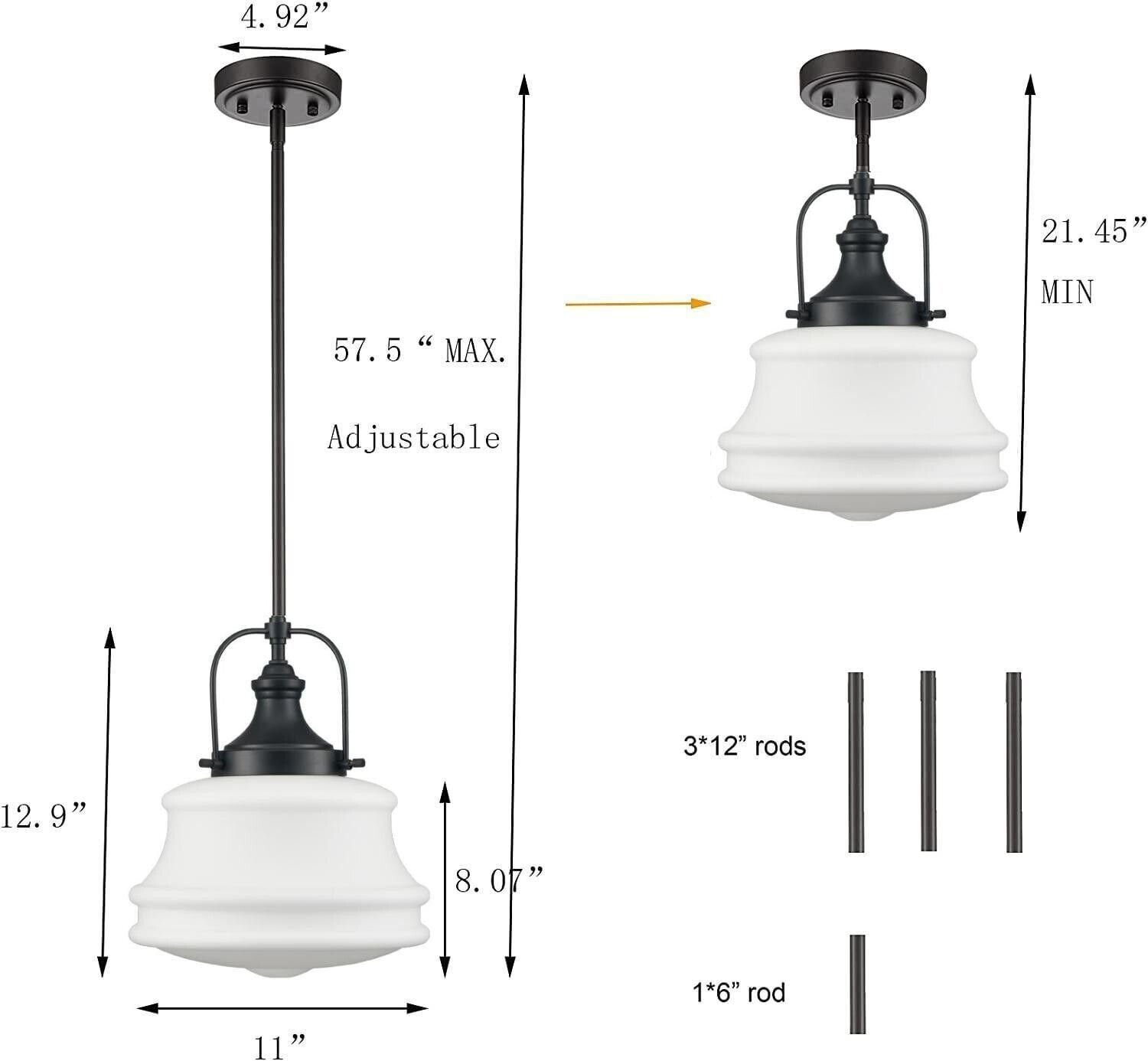 Modern Schoolhouse Pendant Light Fixtures Black Hanging Light Milky Glass