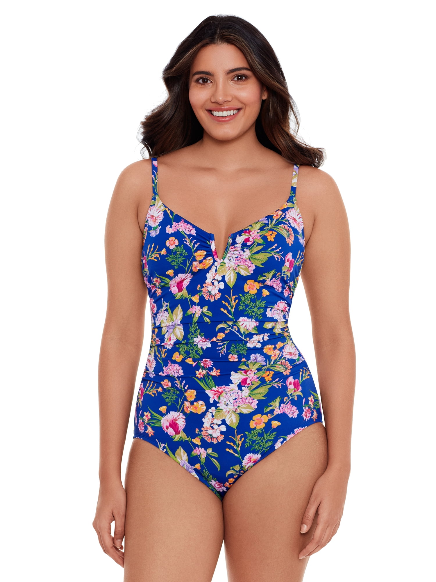 Time and Tru Women's and Women’s Plus Size V Wire Front One Piece Swimsuit