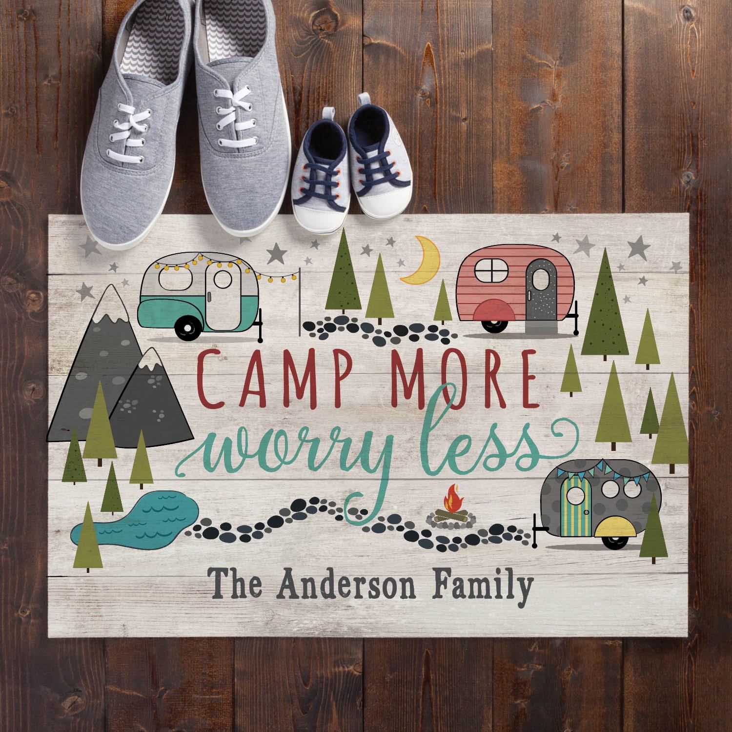 Personalized Planet 27x18 Camp More Worry Less Doormat with Custom Family Name Printed on Taupe Rectangular 1/8” Thick Non Slip Mat with Vintage Campers for RVs Campsite Deck or Porch