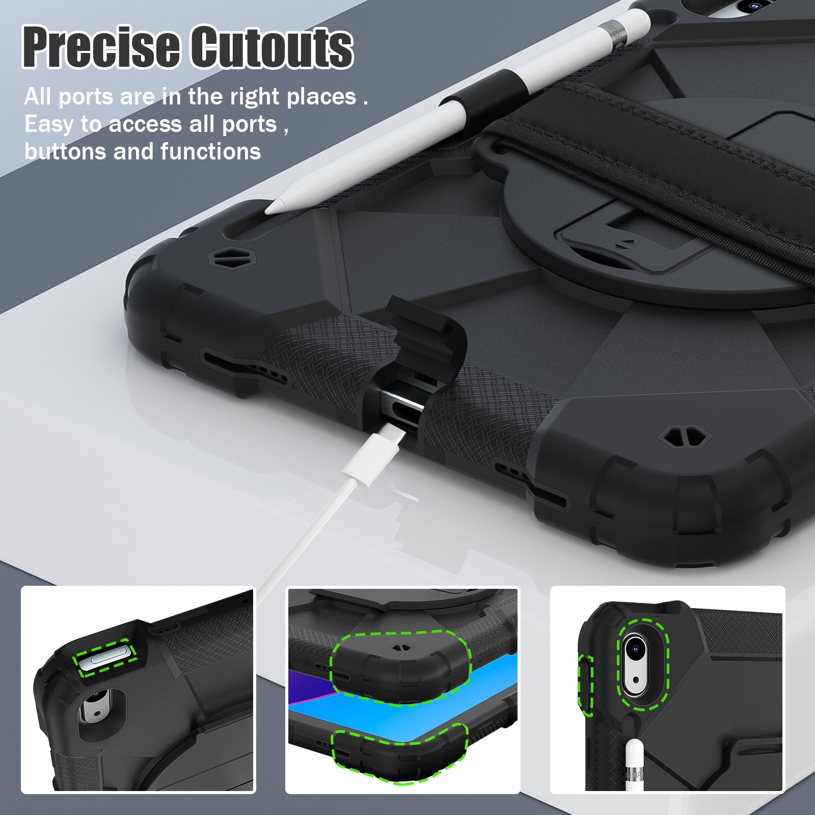 ELEHOLD Rugged Hybrid Case for iPad 11th Gen (A16) 2025 11-inch,with Built-in Kickstand 360° Rotating Handstrap Pencil Holder Crossbody Shoulder Strap Shockproof Heavy Duty Case,Black