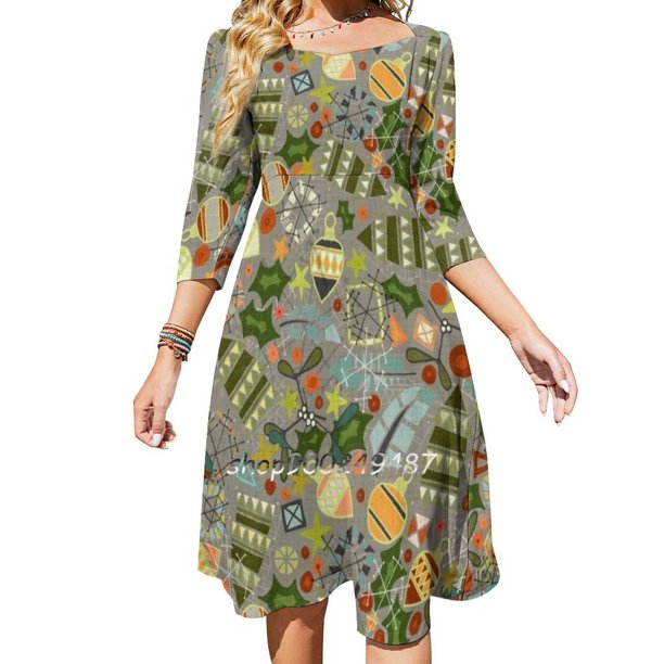 Vestido vintage de Navidad con escote cuadrado plateado, nuevo vestido elegante ajustado a la cintura para mujer de talla grande, vestido festivo vintage retro navideño
