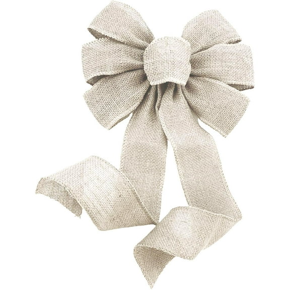 Beige Burlap Ribbon Wreath Bow - 10" Wide, 18" Long Tails, Ivory, Fall Decor, Thanksgiving, Christmas
