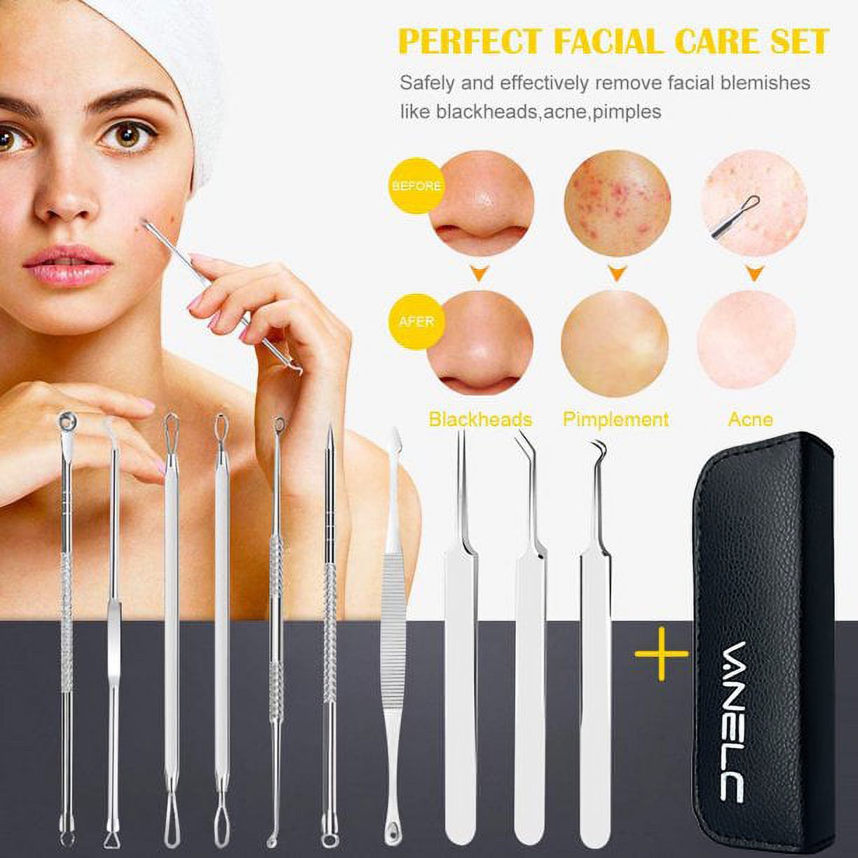 Blackhead Remover Tool, 10 Pcs Professional Pimple Comedone Extractor Popper Tool Acne Removal Kit - Treatment for Pimples, Blackheads, Zit Removing, Forehead,Facial and Nose(Silver) - image 8 of 8