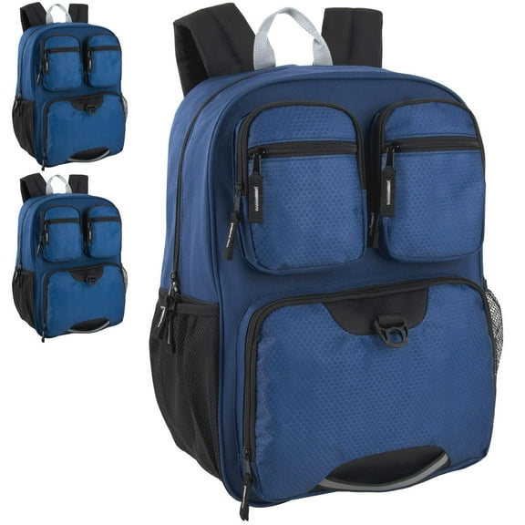 24 Pack Heavy Duty Multipocket Backpacks with Front Zippered Pockets and Side Mesh Pockets in All Blue Pack