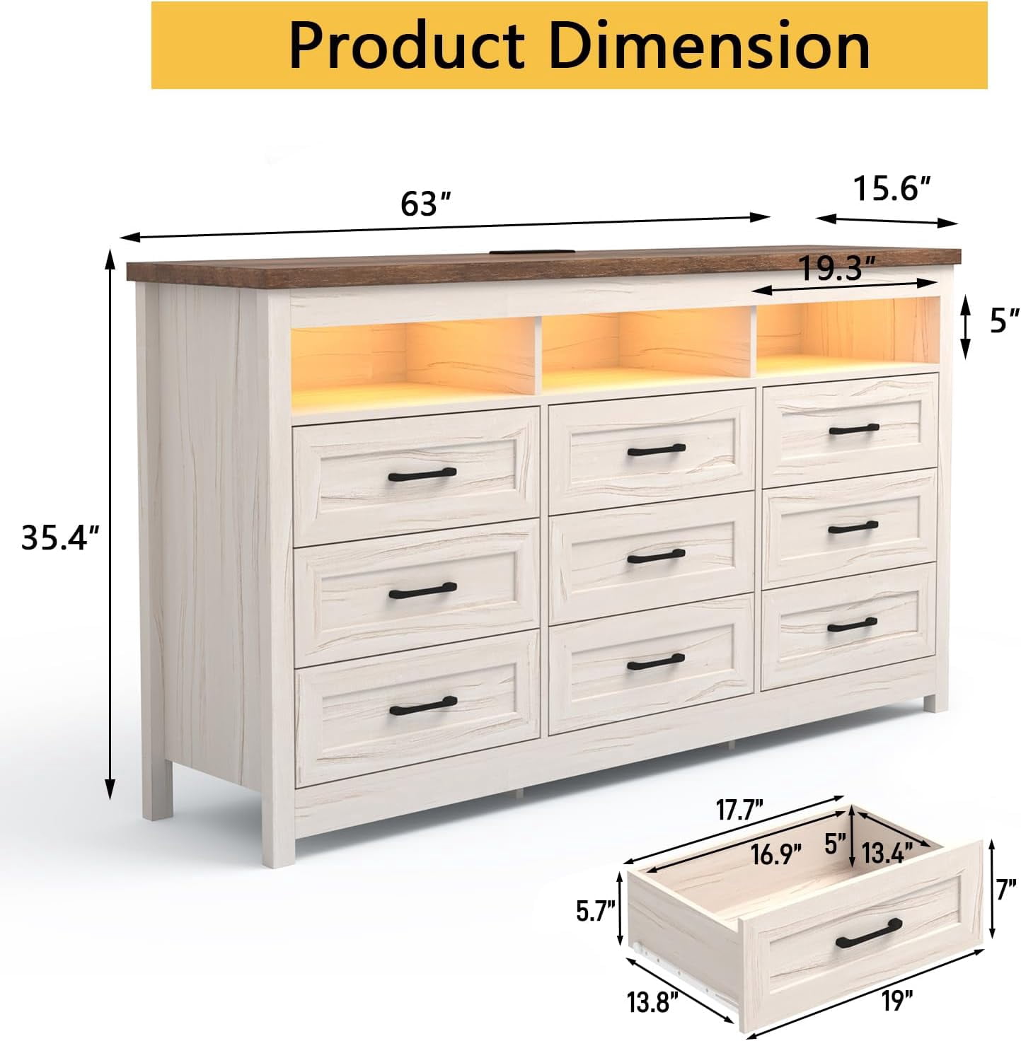 ANPOO Farmhouse 9 Drawers Dresser with LED Lights & Power Outlet, 63" Wide Large Chest of Drawers with Storage Organizer/60000 Colors Light, Modern Wood Dresser for Bedroom, Living Room, Hallway