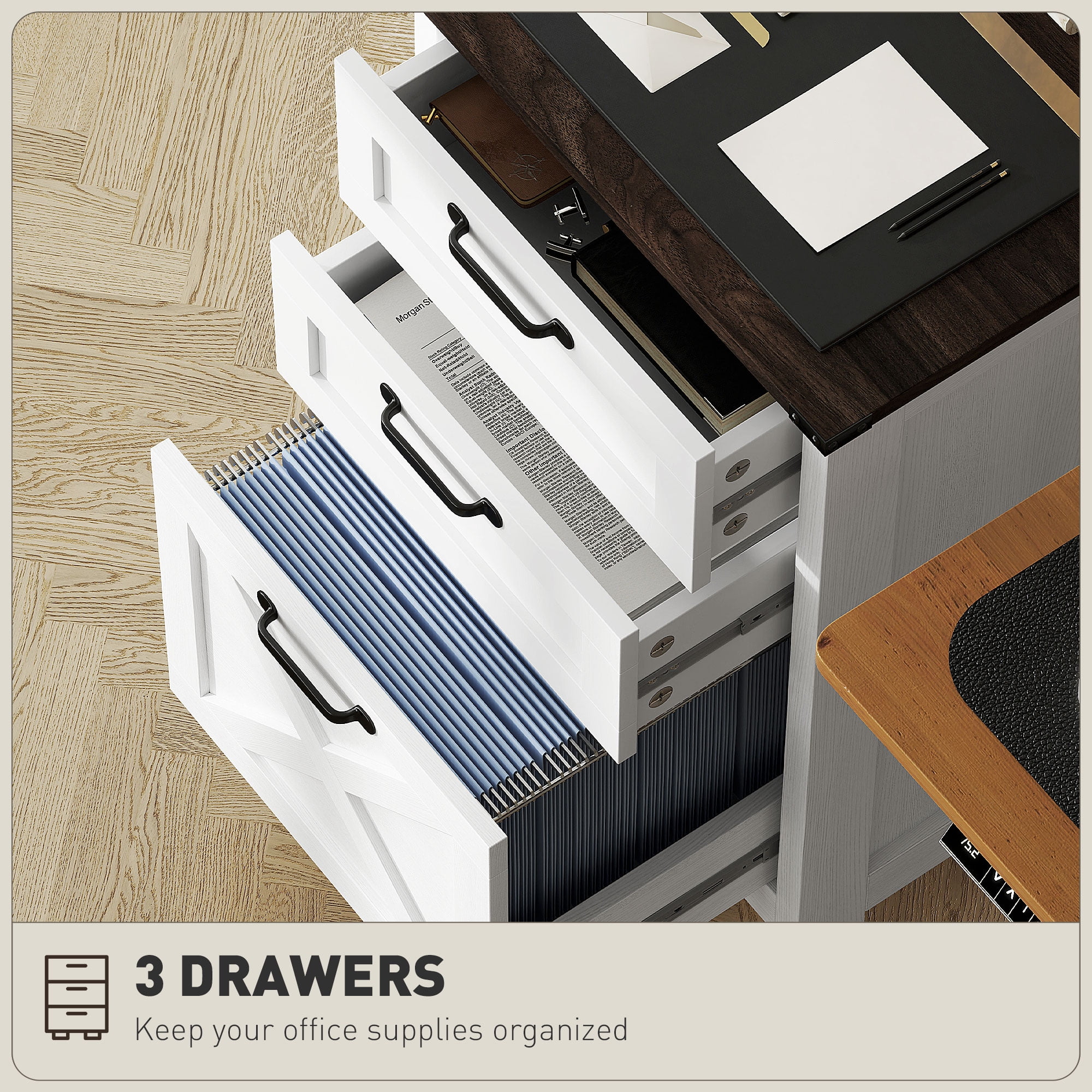 HOMCOM 3 Drawer File Cabinet, Filing Cabinet for Hanging A4/Letter Size, Farmhouse Printer Stand with Storage for Home Office, Distressed White