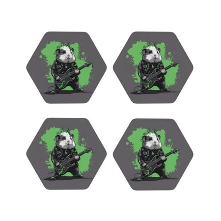 

Coasters Set of 4 - Rock Guitar Guinea Pig Drink Coasters for Tabletop Protection Leather Coasters for Living Room Decor and Housewarming Gift Hexagon