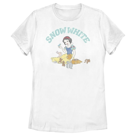Women's Snow White and the Seven Dwarfs Distressed Woodland Animals Graphic Tee White Medium